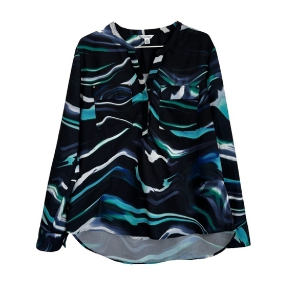 Calvin Klein abstract multi-colour Polyester blouse roll tab sleeve size L - Picture 2 of 15